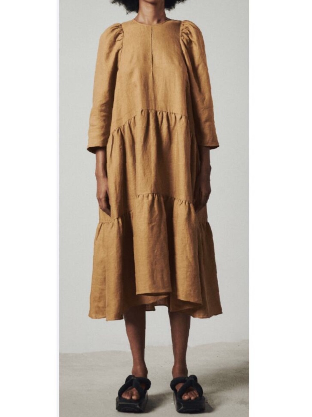 Fabiana Pigna Linen Tiered Midi Dress Mustard Yellow Relaxed Lagenlook Medium